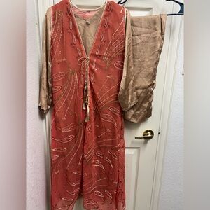 Embroidered Coral and Tan Dress with Sheer Sleeves